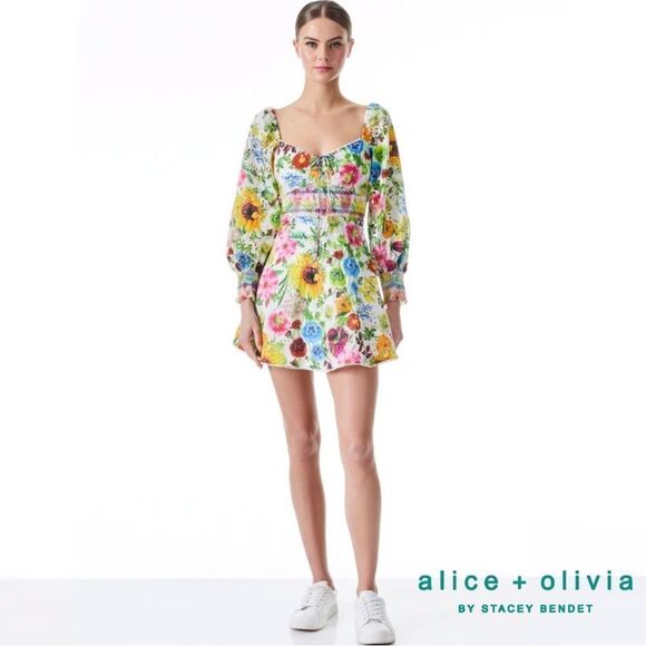 Alice + Olivia **NWT** Crawford Smocked Floral Sweetheart Mini Dress - Picture 5 of 16